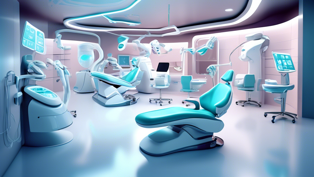 Create an image of a futuristic dental clinic with advanced technology and robotic assistants, featuring 19 different unique and innovative features of Denticon highlighted in the setting.