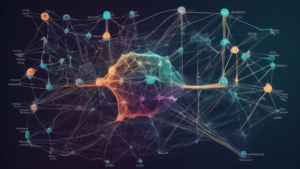 Create an image of a futuristic, neural network diagram with multiple layers and nodes, each node labeled with a different fact about feedforward neural networks. The diagram should be visually dynamic and engaging, showcasing the complexity and inner workings of this type of neural network.