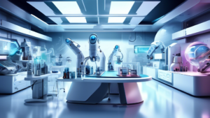 Create an image of a futuristic laboratory or workspace with Inventec branding, showcasing 19 different innovative products and technologies developed by the company. The scene should convey a sense of cutting-edge technology and creativity, with various gadgets and machines displayed in the background.