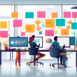 Create an image of a diverse team of auditors working together in a modern office setting, with computer screens displaying data analytics and audit reports. Include elements like colorful sticky notes, a whiteboard with process flow diagrams, and a coffee pot brewing in the background.