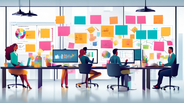 Create an image of a diverse team of auditors working together in a modern office setting, with computer screens displaying data analytics and audit reports. Include elements like colorful sticky notes, a whiteboard with process flow diagrams, and a coffee pot brewing in the background.