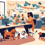 A heartwarming scene in a bustling, modern office environment where diverse employees are happily working at their desks with their dogs of various breeds by their sides, engaging in tasks while their pets are either playing, sleeping, or being petted, with decorations and banners celebrating National Take Your Dog to Work Day.