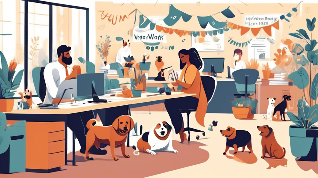 A heartwarming scene in a bustling, modern office environment where diverse employees are happily working at their desks with their dogs of various breeds by their sides, engaging in tasks while their pets are either playing, sleeping, or being petted, with decorations and banners celebrating National Take Your Dog to Work Day.