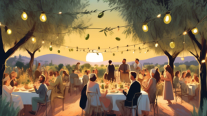 A whimsical celebration in a picturesque olive grove, with people enjoying various olive-themed dishes under string lights at sunset.