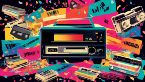 A vibrant, retro-style poster celebrating National VCR Day featuring a classic VCR surrounded by a collection of VHS tapes with iconic 80s and 90s movie titles on them, with streamers and confetti in the background.