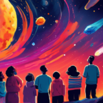 A vibrant painting of a diverse group of people from around the world gathered together, looking up in awe at the night sky, where multiple colorful asteroids are streaking brightly across the cosmos, with a large banner in the foreground that reads 'International Asteroid Day'.