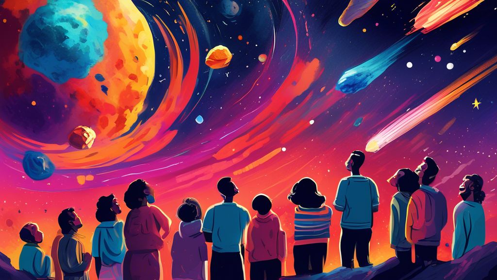 A vibrant painting of a diverse group of people from around the world gathered together, looking up in awe at the night sky, where multiple colorful asteroids are streaking brightly across the cosmos, with a large banner in the foreground that reads 'International Asteroid Day'.