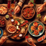 An eclectic spread of traditional Spanish tapas on a rustic wooden table, with people reaching in to share the small dishes, celebrating World Tapas Day under warm, festive lights.