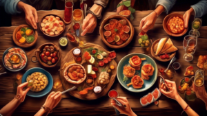 An eclectic spread of traditional Spanish tapas on a rustic wooden table, with people reaching in to share the small dishes, celebrating World Tapas Day under warm, festive lights.