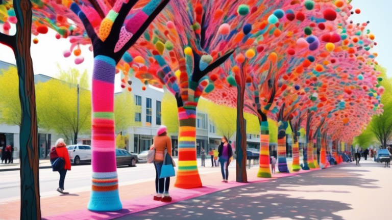 Vibrant yarn bombs adorning a city street, transforming lampposts, benches, and trees into a colorful, knitted wonderland, with people of all ages admiring and engaging in the playful art on International Yarn Bombing Day.