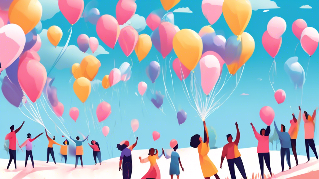 Create an illustration of a diverse group of people releasing colorful balloons into the sky, with each balloon bearing symbols of different cancer awareness ribbons, against the backdrop of a serene park under a clear blue sky. On the ground, there's a large banner saying Celebrating Courage & Hope: National Cancer Survivors Day.