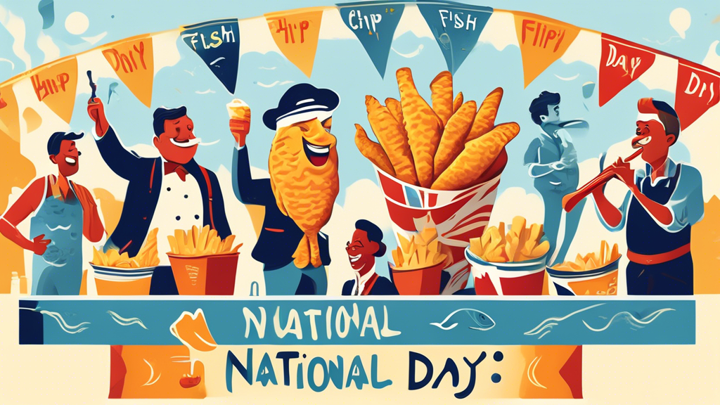 An illustration of a vibrant street festival celebrating National Fish and Chip Day with people of diverse backgrounds enjoying freshly fried fish and chips served in iconic newspaper cones, accompanied by musical notes to suggest lively traditional British sea shanties playing in the background, all under a banner that reads Happy National Fish and Chip Day!
