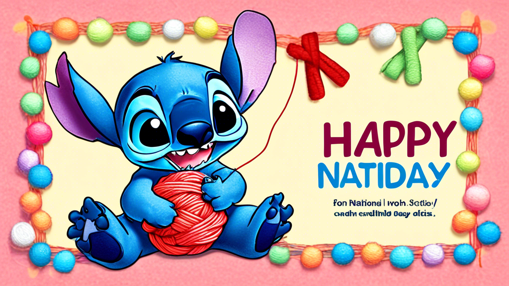 An adorable, cartoon-style image of Stitch from Lilo & Stitch surrounded by colorful balls of yarn and sewing needles, with a banner across the top reading 'Happy National Stitch Day!'