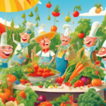An illustrative celebration in a vibrant, whimsical garden filled with anthropomorphic fresh vegetables having a joyous party, under a clear blue sky.