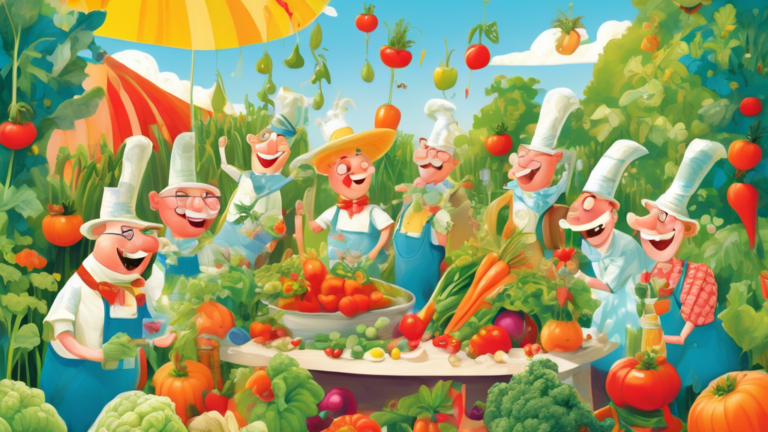 An illustrative celebration in a vibrant, whimsical garden filled with anthropomorphic fresh vegetables having a joyous party, under a clear blue sky.