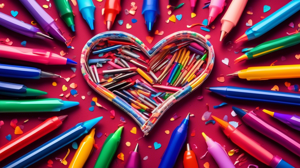 A colorful assortment of ballpoint pens arranged in the shape of a heart, with confetti and streamers in the background, commemorating National Ballpoint Pen Day.