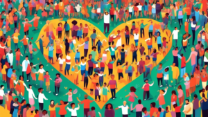 A vibrant and heartwarming digital illustration of people from diverse backgrounds joined together in a lush park, forming a large, colorful human mosaic that shapes into a heart, under the banner National Loving Day. The scene is filled with laughter, hugging, and joyful interaction, symbolizing unity and love in diversity.