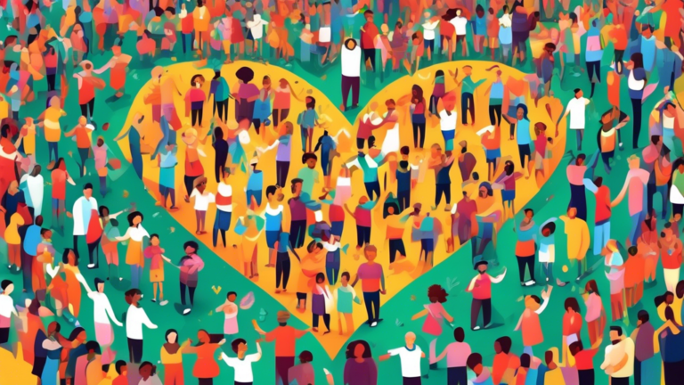 A vibrant and heartwarming digital illustration of people from diverse backgrounds joined together in a lush park, forming a large, colorful human mosaic that shapes into a heart, under the banner National Loving Day. The scene is filled with laughter, hugging, and joyful interaction, symbolizing unity and love in diversity.