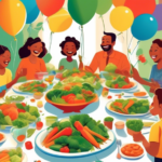 A family gathering around the dinner table, joyfully sharing a colorful, bountiful plate of various steamed vegetables, with decorations of green leaves and vegetable-themed balloons in the background, celebrating National Eat Your Vegetials Day.