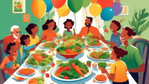 A family gathering around the dinner table, joyfully sharing a colorful, bountiful plate of various steamed vegetables, with decorations of green leaves and vegetable-themed balloons in the background, celebrating National Eat Your Vegetials Day.