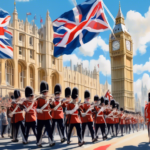 A majestic painting of UK Armed Forces members in full ceremonial dress, proudly marching in a grand parade through the historic streets of London, under the clear blue sky, with the Union Jack flags waving and crowds cheering in celebration of UK Armed Forces Day.