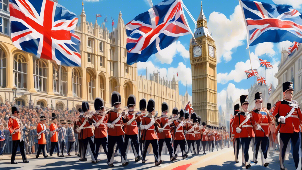 A majestic painting of UK Armed Forces members in full ceremonial dress, proudly marching in a grand parade through the historic streets of London, under the clear blue sky, with the Union Jack flags waving and crowds cheering in celebration of UK Armed Forces Day.