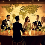 A group of friends celebrating with a toast of elegant martinis in a luxurious bar, surrounded by soft ambient lighting, with a world map made of olives and toothpicks artistically displayed in the background.
