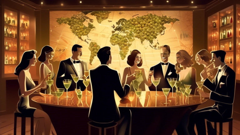 A group of friends celebrating with a toast of elegant martinis in a luxurious bar, surrounded by soft ambient lighting, with a world map made of olives and toothpicks artistically displayed in the background.