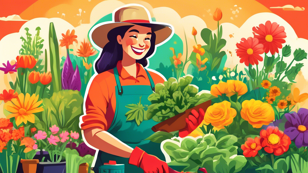 Illustration of a cheerful gardener wearing a wide-brimmed hat and gloves, diligently weeding a vibrant, colorful garden full of a variety of flowers and vegetables, with a small sign in the corner that says Happy National Weed Your Garden Day!