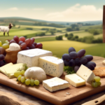 Detailed image of a charcuterie board celebrating Goat's Cheese Day, adorned with various types of goat's cheese, grapes, crackers, and a small sign saying 'Happy Goat's Cheese Day' surrounded by rustic countryside scenery in the background.