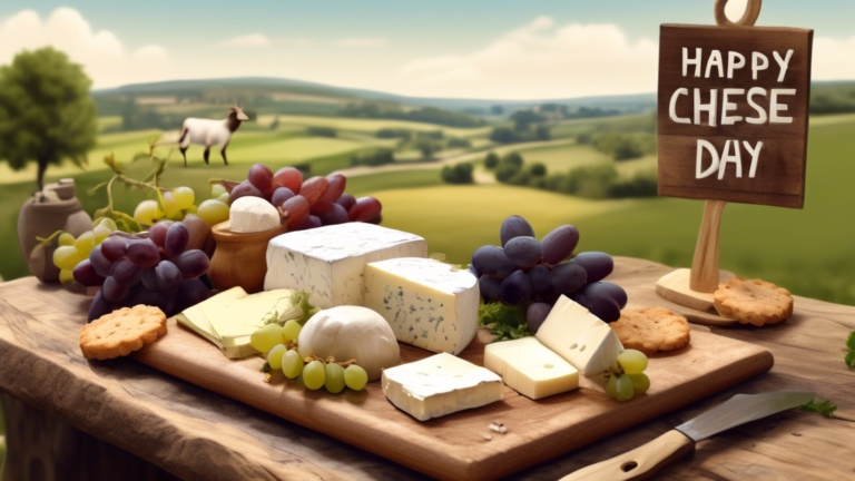 Detailed image of a charcuterie board celebrating Goat's Cheese Day, adorned with various types of goat's cheese, grapes, crackers, and a small sign saying 'Happy Goat's Cheese Day' surrounded by rustic countryside scenery in the background.