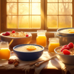 A vibrant, cozy family breakfast scene in a rustic kitchen, with steaming bowls of porridge on a wooden table, garnished with fruits, nuts, and honey, as golden morning sunlight streams through the window, highlighting the joy and warmth of this National Porridge Day celebration.
