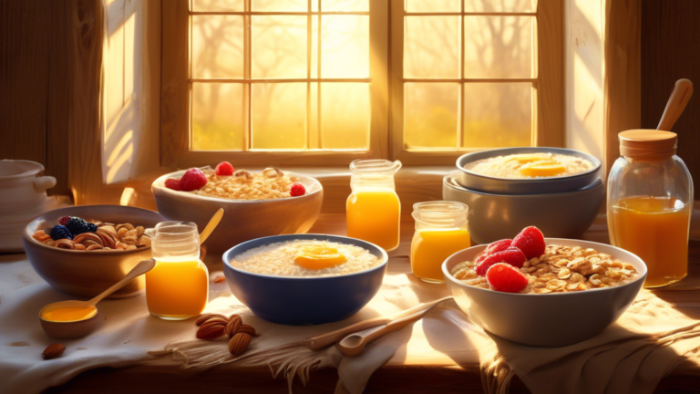 A vibrant, cozy family breakfast scene in a rustic kitchen, with steaming bowls of porridge on a wooden table, garnished with fruits, nuts, and honey, as golden morning sunlight streams through the window, highlighting the joy and warmth of this National Porridge Day celebration.