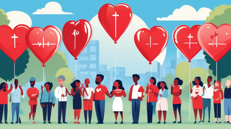 A diverse group of people standing together, each holding a heart-shaped balloon with the World Blood Donor Day logo, in a park under a clear blue sky