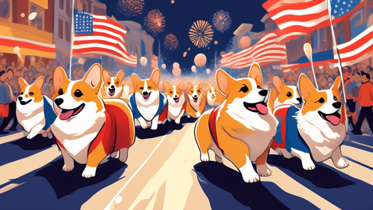 A colorful parade of corgis wearing international flags as capes, happily marching down a busy street filled with spectators, under a sky filled with fireworks.
