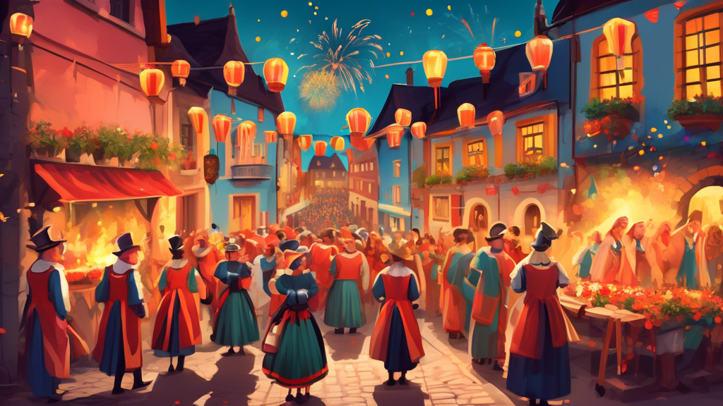 Vibrant street festival in a European village celebrating St. John's Day with fireworks, lanterns, and a procession of people dressed in traditional costumes