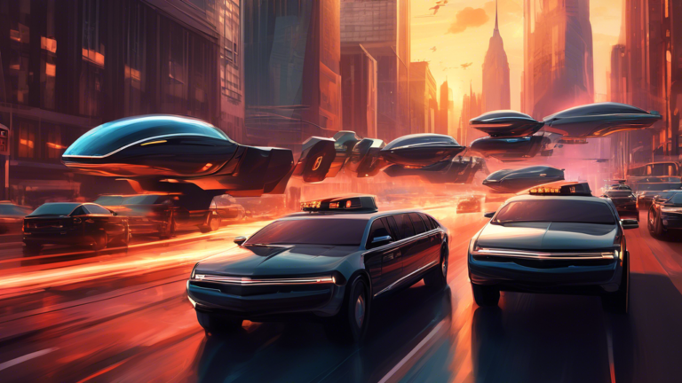 Digital artwork of a futuristic presidential motorcade with advanced security features, driving through a bustling cityscape at sunset.