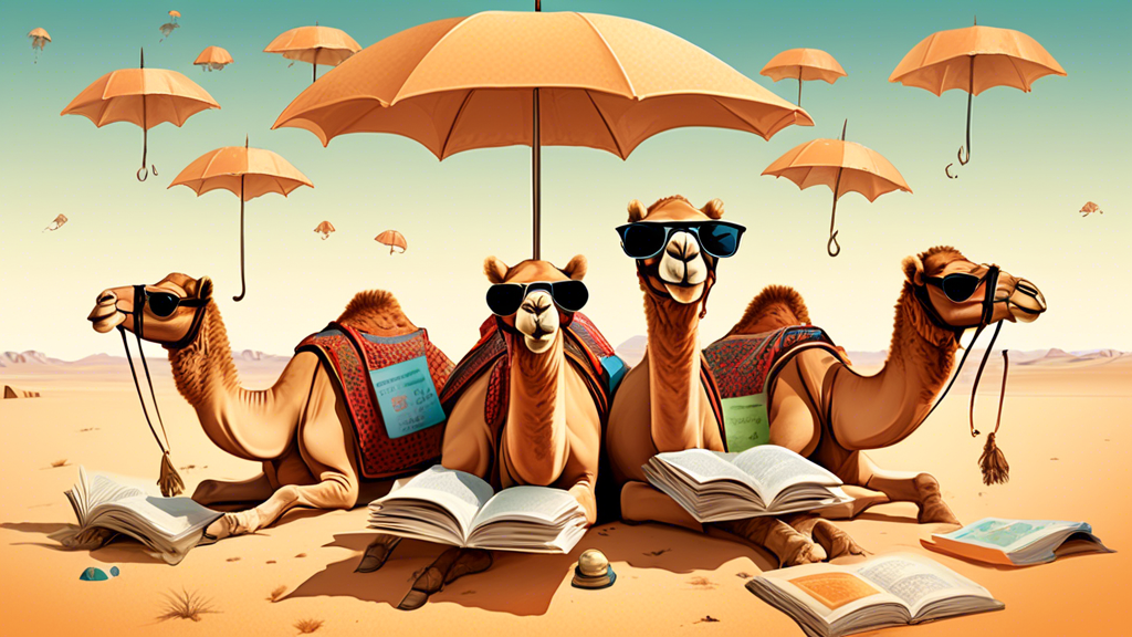 A whimsical illustration of camels wearing sunglasses and reading books, under an umbrella in the middle of the Gobi Desert, surrounded by fascinating fact bubbles about the desert.