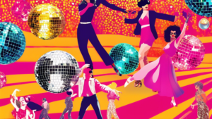 A vibrant collage illustrating the top 15 facts about Retrofete, featuring vintage disco balls, iconic 80s fashion elements, and shimmering sequins set against the backdrop of a lively dance floor.