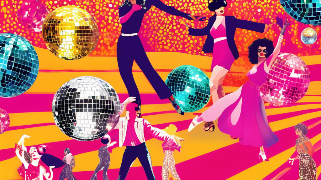 A vibrant collage illustrating the top 15 facts about Retrofete, featuring vintage disco balls, iconic 80s fashion elements, and shimmering sequins set against the backdrop of a lively dance floor.