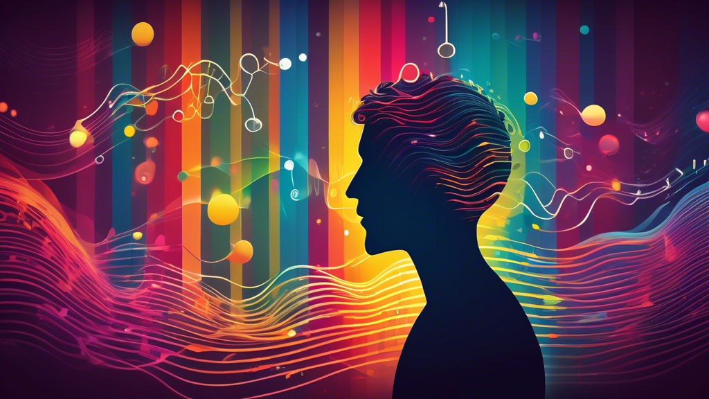A colorful, abstract visualization of sound waves emanating from a stylized human silhouette, with text bubbles containing intriguing facts about voice scattered throughout.
