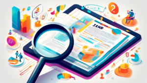 Detailed illustration of a magnifying glass focusing on a glowing document titled '18 Fascinating Facts About Helpcheck', surrounded by a variety of colorful infographics and icons depicting legal advice, consumer rights, and digital verification.