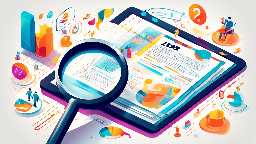 Detailed illustration of a magnifying glass focusing on a glowing document titled '18 Fascinating Facts About Helpcheck', surrounded by a variety of colorful infographics and icons depicting legal advice, consumer rights, and digital verification.