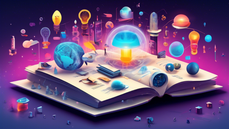 An innovative montage of 18 distinct, visually engaging and symbolic icons representing each unique fact about Next Matter, displayed on a futuristic, digital background with a central, voluminous book titled 'Next Matter' illuminating the scene.