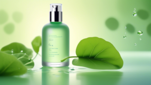 An elegant glass bottle of Cica toner surrounded by Centella Asiatica leaves and droplets of water, with soft light illuminating the healing and calming properties of the skincare product, on a serene, minimalist background.