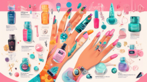 A vibrant, detailed illustration showcasing a woman's hands adorned with BIAB (Builder In A Bottle) nails, surrounded by infographics and icons highlighting the top 20 fascinating facts about BIAB nails.