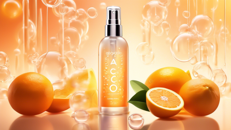 An elegant, shimmering glass bottle labeled as Glycolic Acid Spray surrounded by glowing facts bubbles on a sleek, reflective surface, with a variety of citrus fruits and sugar cane in the background, under soft, radiant lighting.