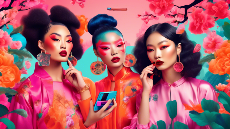 Diverse group of people showcasing their vibrant, trendy Douyin makeup styles in a brightly colored, whimsical Chinese garden setting, with icons of lipstick, eyeshadow palettes, and smartphones floating around them.