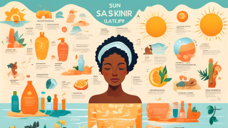 A colorful, detailed infographic illustrating the different skin types, their characteristics, and care tips, surrounded by icons representing sun, water, lotion, and natural elements.