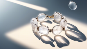 A beautifully detailed illustration of a crystal-clear quartz bracelet sparkling in the sunlight, surrounded by floating informative fact bubbles.